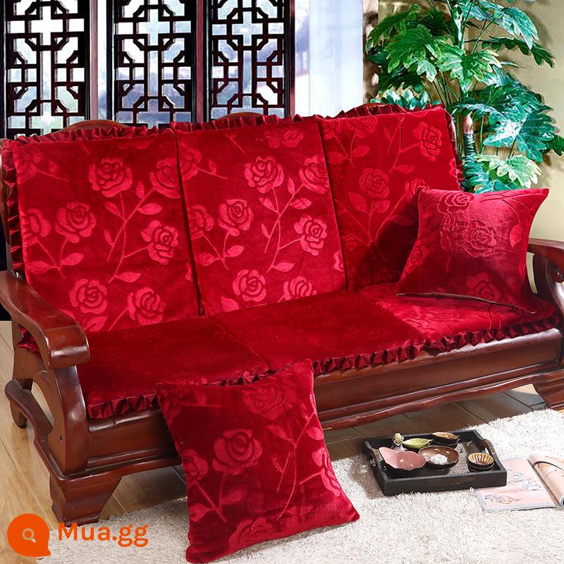 Đệm sofa gỗ đặc kết hợp chống trượt đa năng Đệm bọt biển dày ba chỗ có tựa lưng Đệm ghế gỗ kiểu cũ một mảnh - màu đỏ sẫm