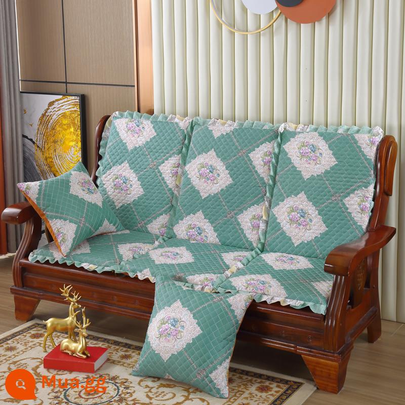 Đệm sofa gỗ đặc kết hợp chống trượt đa năng Đệm bọt biển dày ba chỗ có tựa lưng Đệm ghế gỗ kiểu cũ một mảnh - Ba Đời Ba Thế Giới-Xanh (vải)