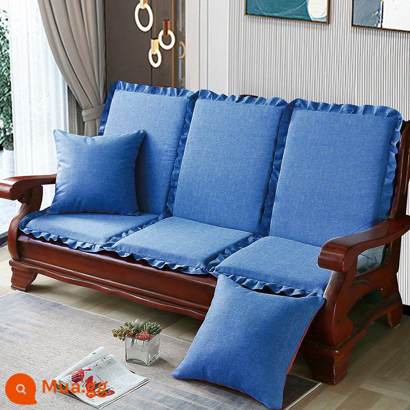 Đệm sofa gỗ đặc kết hợp chống trượt đa năng Đệm bọt biển dày ba chỗ có tựa lưng Đệm ghế gỗ kiểu cũ một mảnh - Phong cách Bắc Âu-màu xanh (tre và cây gai dầu)