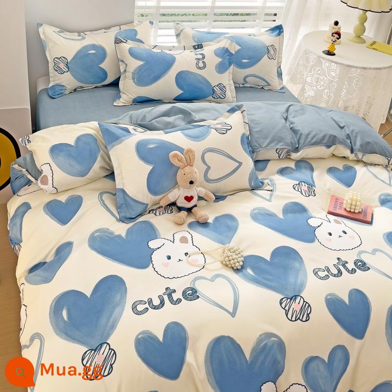 Ins Ga Giường 4 Món Bộ Ga Giường Cotton Đôi Vỏ Chăn Cotton Nguyên Chất Ký Túc Xá Sinh Viên Chăn Ga Gối 3 Miếng 4 - Màu xanh Mia-Xanh BYS