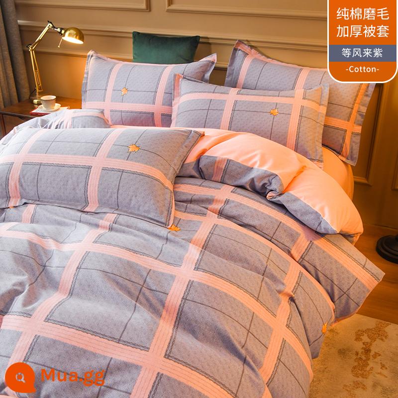 Mùa Thu Đông Cotton Chải Vỏ Chăn Đơn 200X230 Cotton Nguyên Chất Dày Đôi Ấm Vỏ Chăn 180X200 Tự Làm - Chờ gió về tím/che chăn