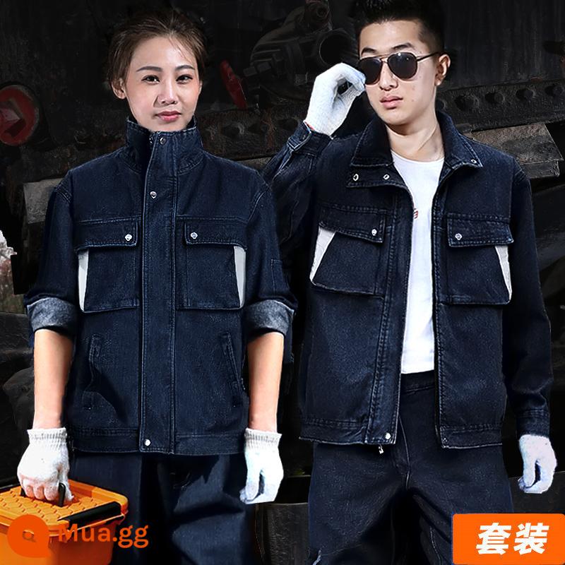 Bộ quần áo bảo hộ lao động mùa xuân thu cho nam, cotton nguyên chất, hàn, cổ đứng, denim, quần áo bảo hộ lao động chống bỏng và chống mài mòn, quần áo bảo hộ lao động thợ hàn cho nam - Kiểu khóa kéo H07 (áo + quần)