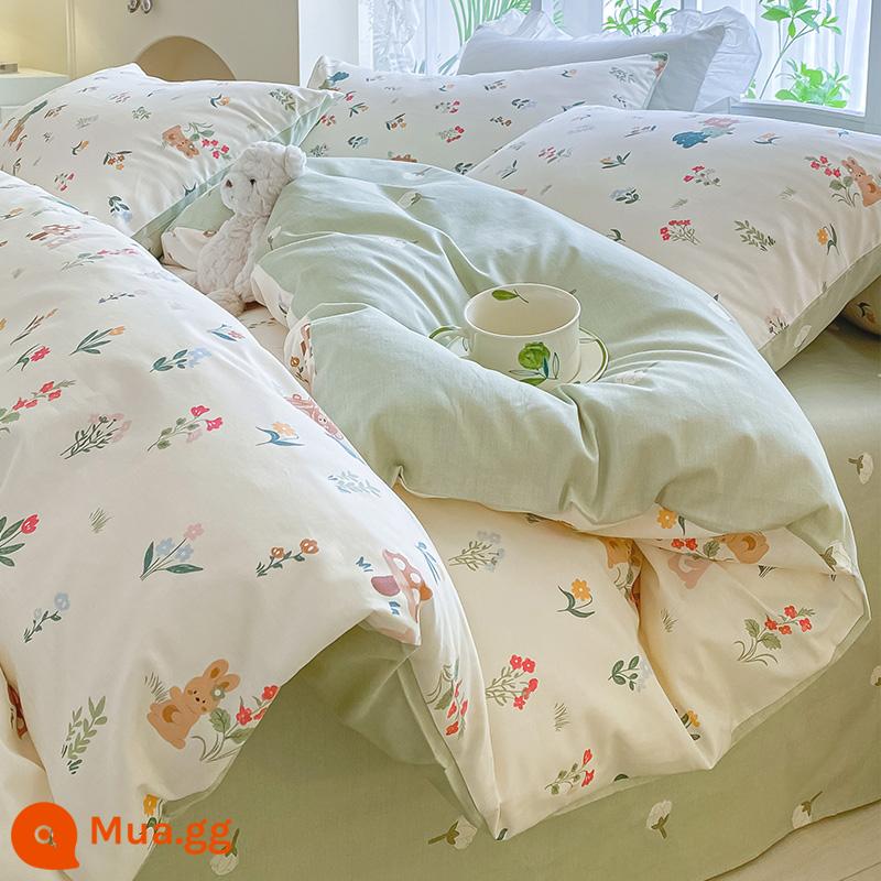 Nguyên Chất Giường Cotton 4 Bộ Mùa Đông Dày Cotton 100 Giường Vỏ Chăn Ga Giường Ký Túc Xá Đơn 3 mảnh 4 - Thỏ thạch cỏ [100% cotton chải kỹ, mềm mại và thân thiện với da]