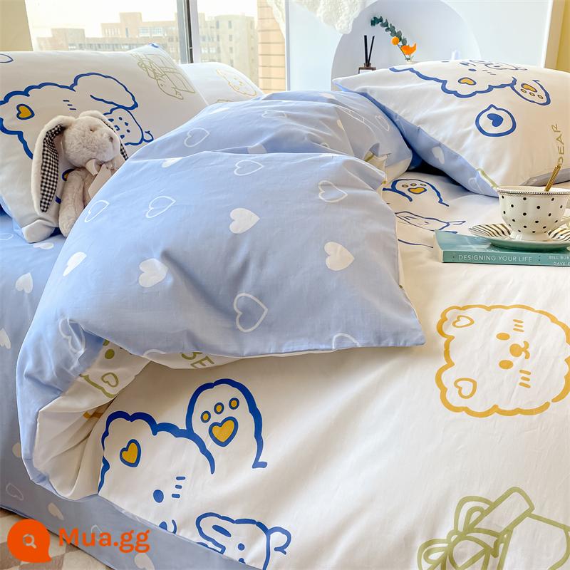 Hoạt Hình Giường Cotton Nguyên Chất Bộ 4 Món 100 Giường Cotton Đơn Vỏ Chăn Ins Ký Túc Xá Dày Chải Giường 3 Bộ - Bánh pudding kem (bông thân thiện với da, một giả sẽ bị trừng phạt mười)