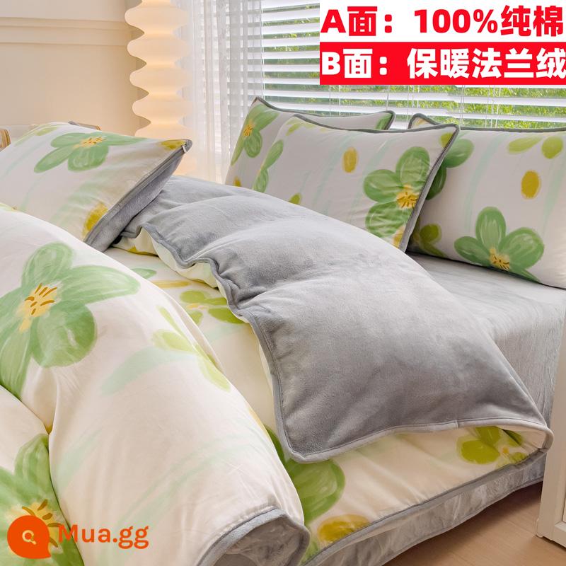 Cotton nguyên chất nhung một mặt vỏ chăn nỉ san hô flannel đơn ký túc xá sinh viên đơn người mùa đông trẻ em ab-mặt cotton - Ngôn ngữ hoa thông (tất cả cotton cộng với nhung)