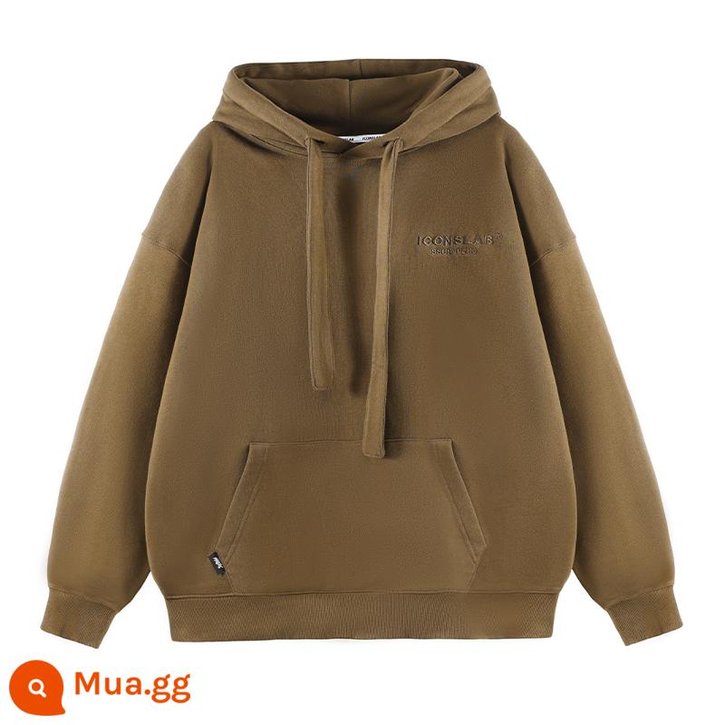 [SSUR PLUS] ICONSLAB áo hoodie có logo cơ bản cùng màu thêu mũ dày dây áo hoodie nặng - Màu nâu