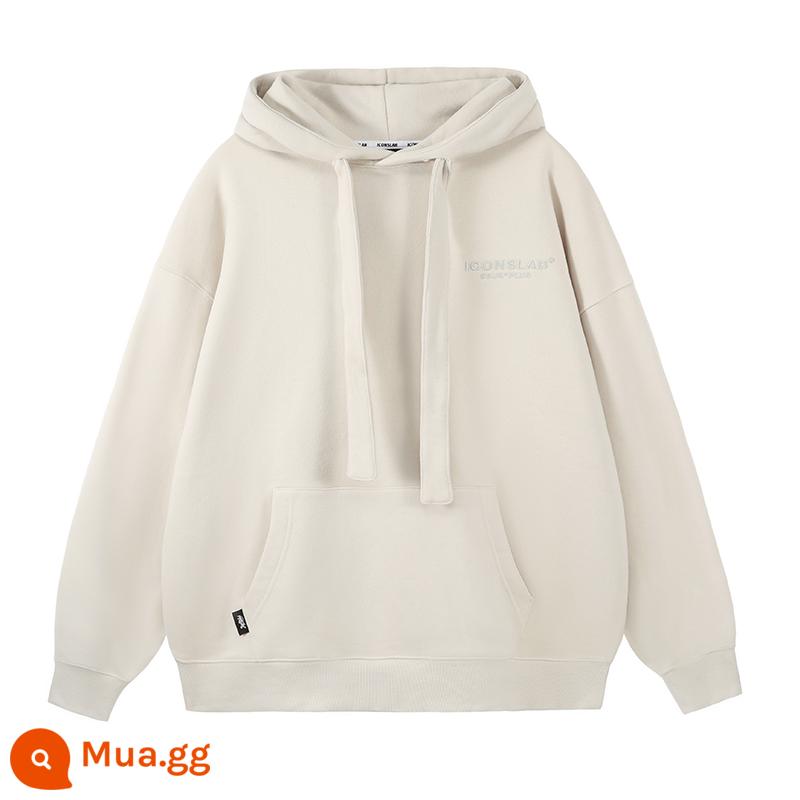 [SSUR PLUS] ICONSLAB áo hoodie có logo cơ bản cùng màu thêu mũ dày dây áo hoodie nặng - tro bột yến mạch