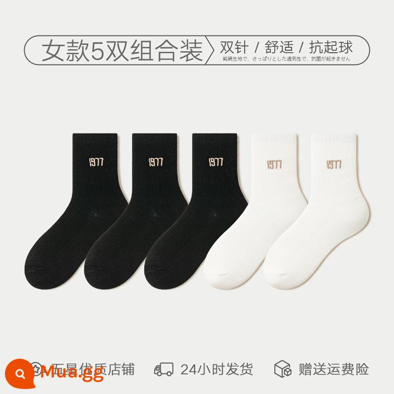 Vớ nữ ống trung cotton nguyên chất xuân thu ống dài thu đông cotton hút mồ hôi khử mùi màu đen vớ 2 kim mùa đông - 05[3 đen 2 trắng]