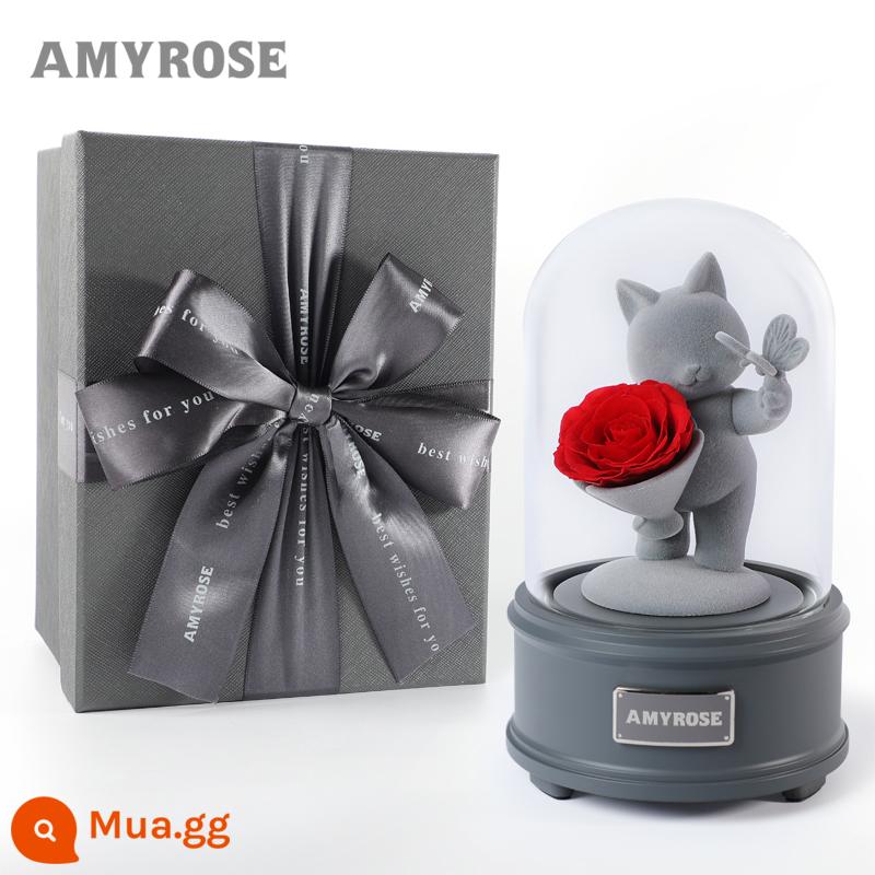 AMYROSE Bó hoa hồng vĩnh cửu Gấu 214 Lời tỏ tình ngày lễ tình nhân Món quà sinh nhật dành riêng cho bạn gái - Phiên bản đèn Bluetooth - Mèo yêu