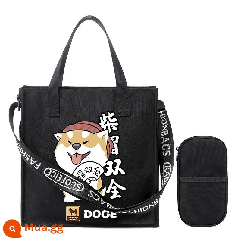 Carditon Shiba Inu Hoạt Hình Túi Vải Oxford Teen Học Sinh Túi Đeo Vai Xu Hướng Nam Nữ Hướng Dẫn Túi Túi Tote - v2-Black-Chai và ngoại hình + hộp đựng bút chì