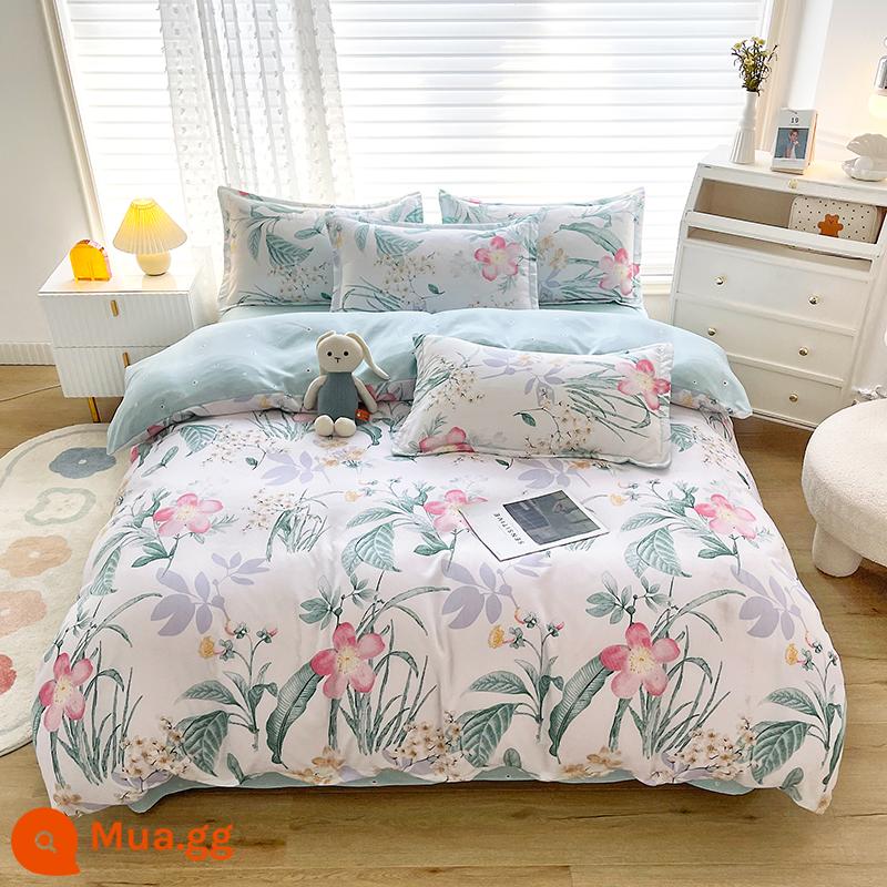 Lưới đỏ cotton nguyên chất 4 mảnh 100 ga trải giường cotton vỏ chăn 1.8 đôi vỏ chăn trải giường Bộ 4 món mùa thu và mùa đông nguồn cung cấp - Ye Yu