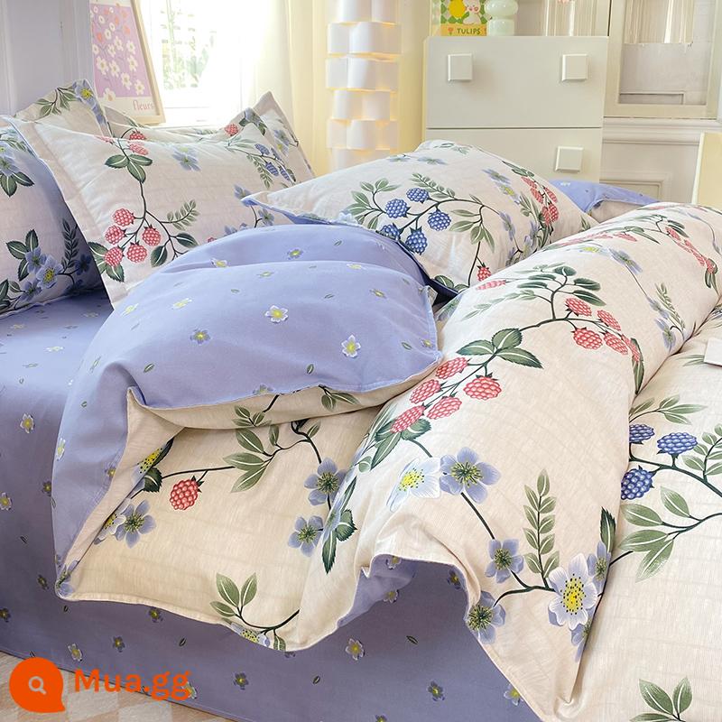 Lưới đỏ cotton nguyên chất 4 mảnh 100 ga trải giường cotton vỏ chăn 1.8 đôi vỏ chăn trải giường Bộ 4 món mùa thu và mùa đông nguồn cung cấp - Con Công Vườn Sau Xanh Hoa Y