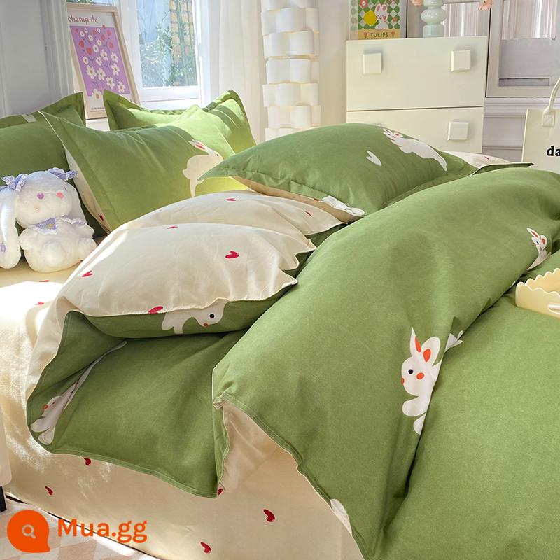 Lưới đỏ cotton nguyên chất 4 mảnh 100 ga trải giường cotton vỏ chăn 1.8 đôi vỏ chăn trải giường Bộ 4 món mùa thu và mùa đông nguồn cung cấp - Thỏ xanh tím nhạt Y