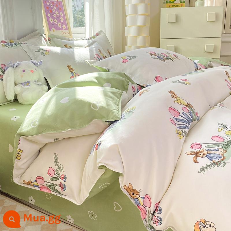 Lưới đỏ cotton nguyên chất 4 mảnh 100 ga trải giường cotton vỏ chăn 1.8 đôi vỏ chăn trải giường Bộ 4 món mùa thu và mùa đông nguồn cung cấp - Thỏ Hoa Xanh Hoàng Gia Y