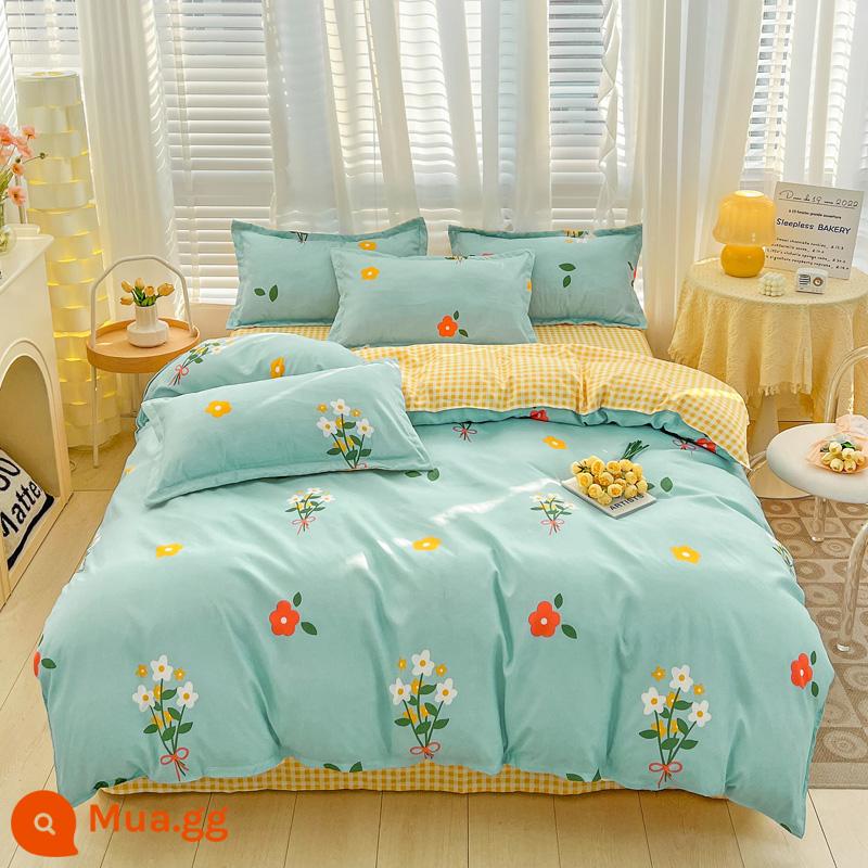 Lưới đỏ cotton nguyên chất 4 mảnh 100 ga trải giường cotton vỏ chăn 1.8 đôi vỏ chăn trải giường Bộ 4 món mùa thu và mùa đông nguồn cung cấp - Daisy P màu vàng nhạt