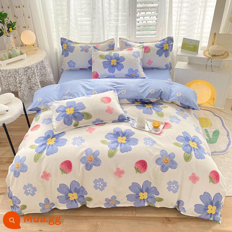 Lưới đỏ cotton nguyên chất 4 mảnh 100 ga trải giường cotton vỏ chăn 1.8 đôi vỏ chăn trải giường Bộ 4 món mùa thu và mùa đông nguồn cung cấp - Màu sen tắm trong gió xuân xanh Y