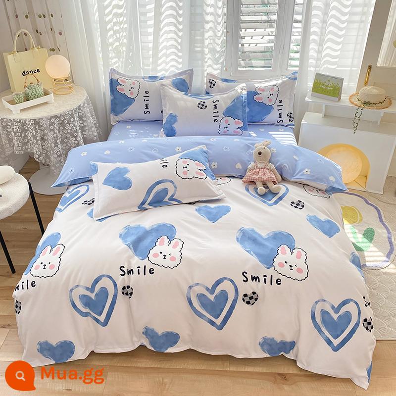 Lưới đỏ cotton nguyên chất 4 mảnh 100 ga trải giường cotton vỏ chăn 1.8 đôi vỏ chăn trải giường Bộ 4 món mùa thu và mùa đông nguồn cung cấp - Gấu ngọt ngào xanh nhạt Y