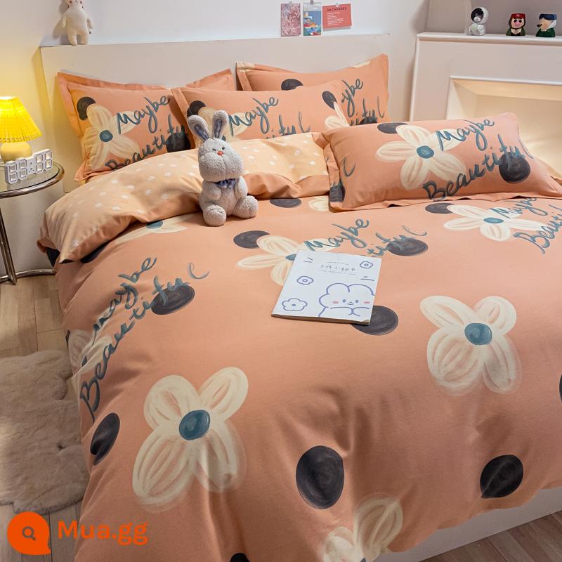 Cotton nguyên chất chải vỏ chăn đơn mảnh mùa thu đông đơn giản cotton dày đơn 1.5 đôi 200x230 vỏ chăn Bộ 4 món - Hoa nở trên Moshang