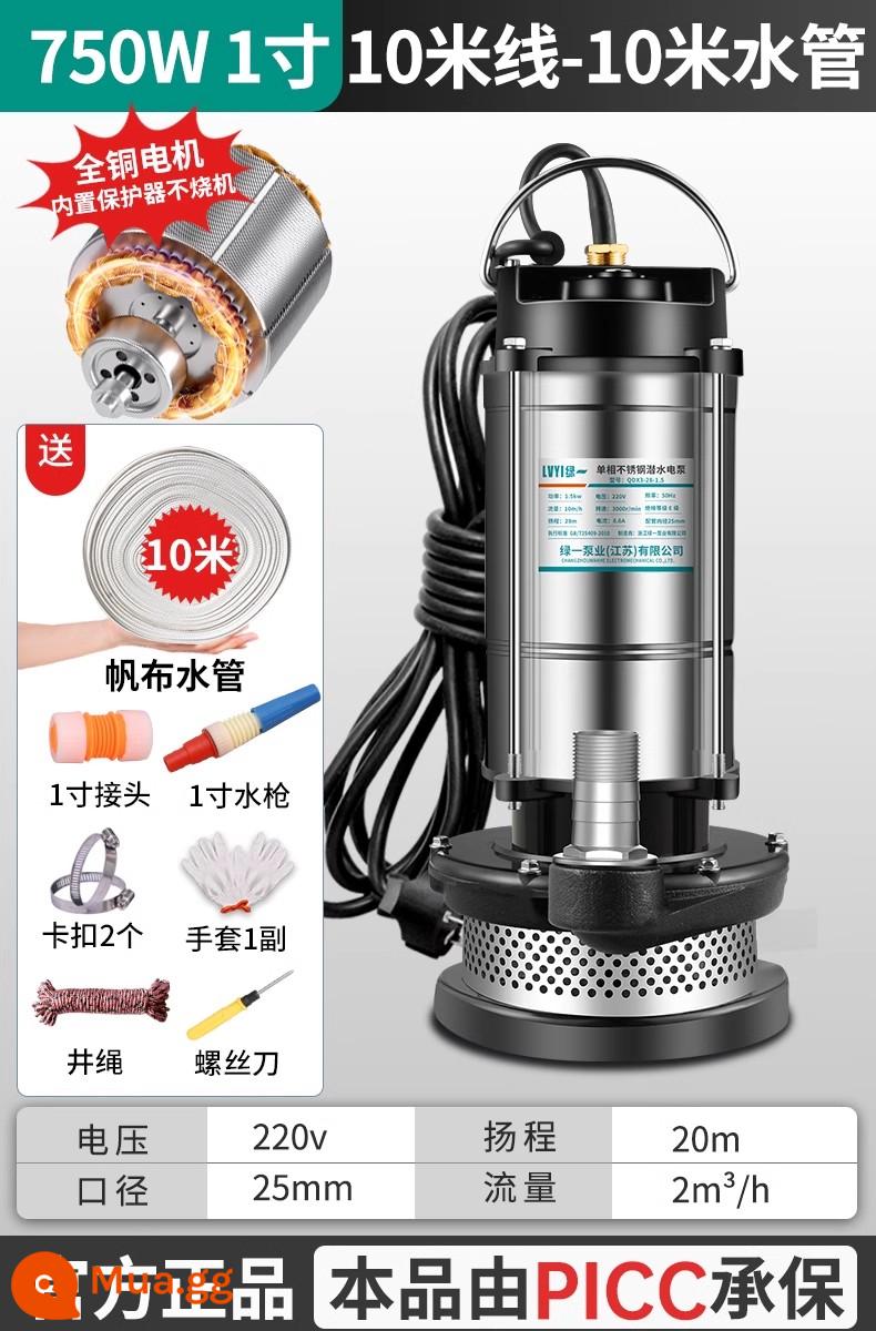 Máy bơm chìm 220V máy bơm nước thải nhỏ máy bơm hộ gia đình máy bơm nông nghiệp đầu cao lưu lượng lớn tưới tiêu nước thải - Thép không gỉ 750W1 inch-dây 10 mét + ống nước 10 mét