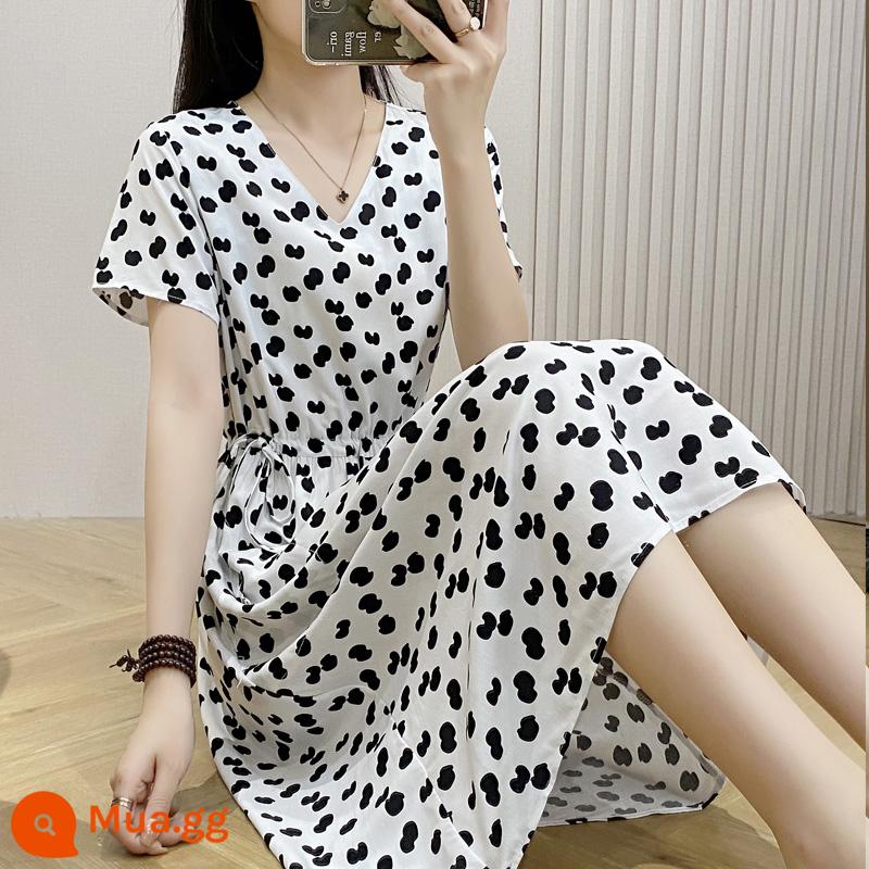 Mùa Hè Mới 2023 Cotton Lụa Cao Cấp Nữ Tính Eo Hoa Trung Dài Áo Khoác Ngoài Váy Lụa Cotton - F-Chấm đen trên nền trắng