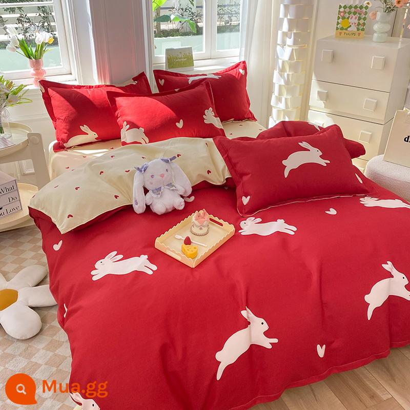 Ins Giường Cotton Nguyên Chất Bộ 4 Món 100 Cotton Nhỏ Tươi Trẻ Em Ga Trải Giường Vỏ Chăn Ga Gối Ký Túc Xá Chần Gòn Bộ 3 - Thỏ Đỏ Xám Đậm Y