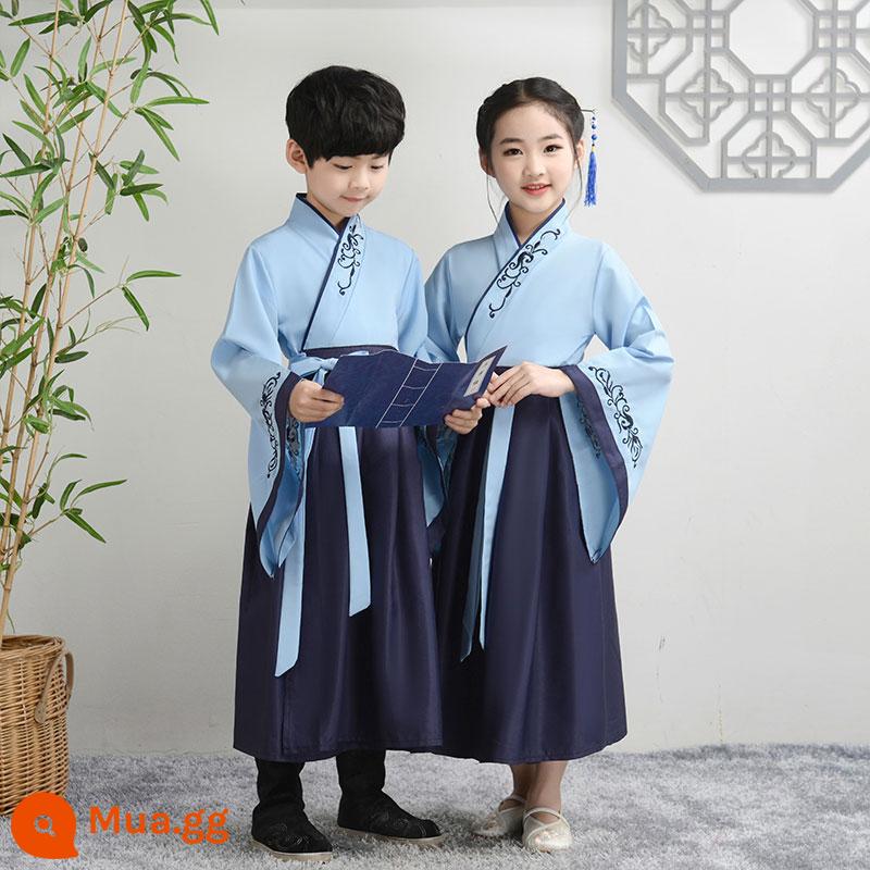 Đồng phục học sinh Trung Quốc của nam sinh Hanfu Trang phục cổ xưa phong cách Trung Quốc cuốn sách dành cho trẻ em trang phục biểu diễn ngâm thơ Trang phục biểu diễn của trẻ em Kinh Ba Chữ - Tay áo rộng màu xanh