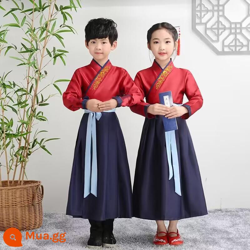 Đồng phục học sinh Trung Quốc của nam sinh Hanfu Trang phục cổ xưa phong cách Trung Quốc cuốn sách dành cho trẻ em trang phục biểu diễn ngâm thơ Trang phục biểu diễn của trẻ em Kinh Ba Chữ - Tay áo thẳng màu đỏ tía