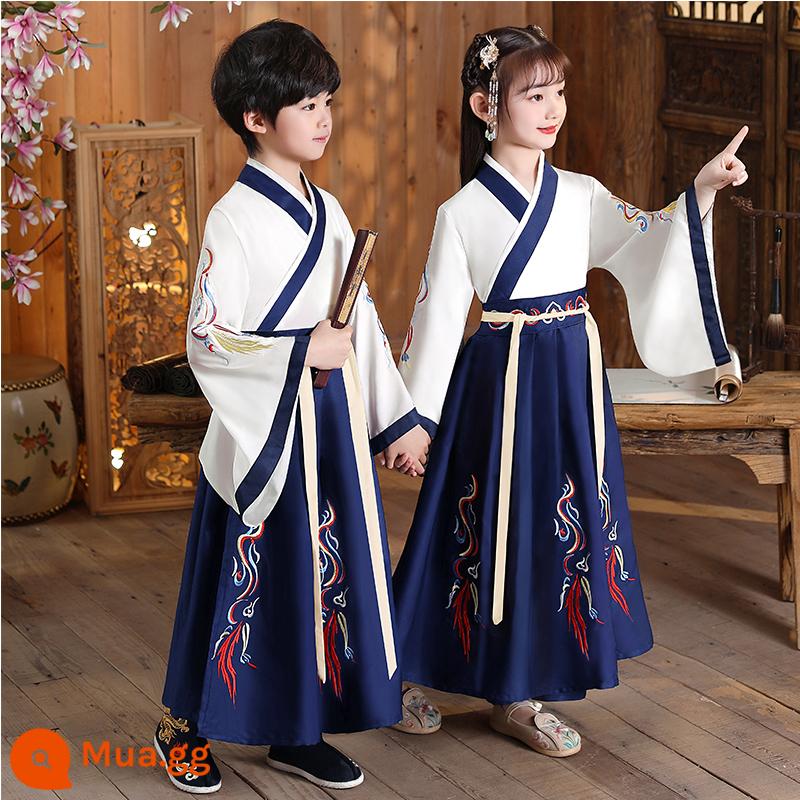 Đồng phục học sinh Trung Quốc của nam sinh Hanfu Trang phục cổ xưa phong cách Trung Quốc cuốn sách dành cho trẻ em trang phục biểu diễn ngâm thơ Trang phục biểu diễn của trẻ em Kinh Ba Chữ - Tay áo rộng màu xanh nước biển tốt lành [kiểu dáng giống nhau cho nam và nữ]