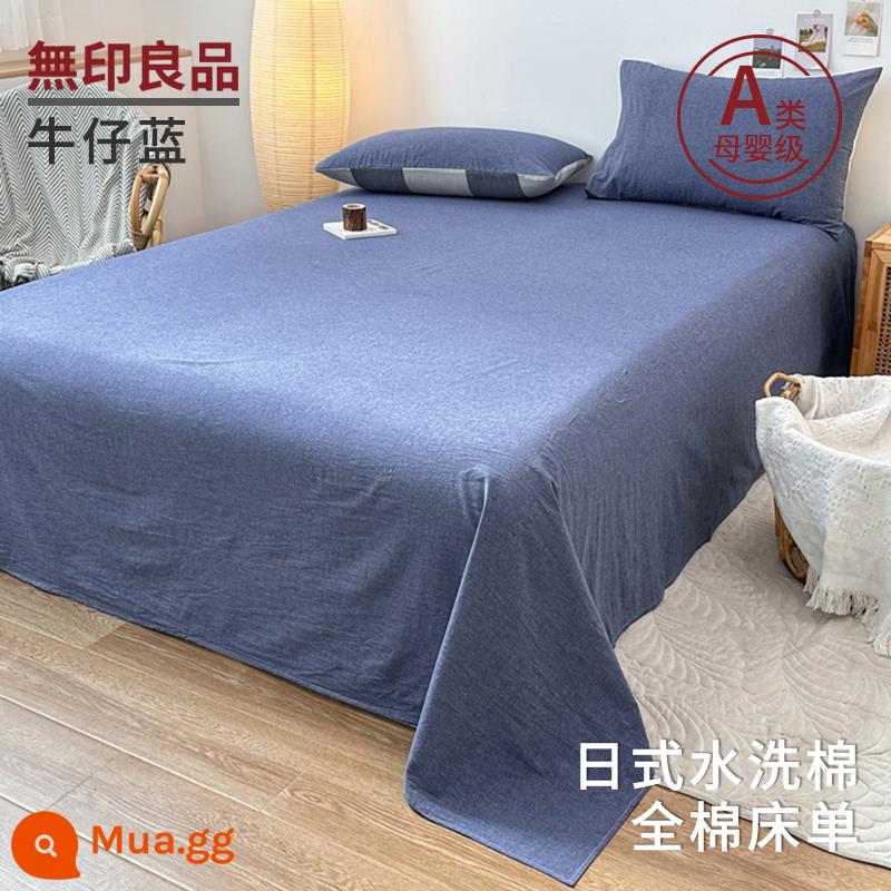 MUJI Pure Color Washed Cotton Sheet 1 Cotton Nguyên Chất 100 Cotton Dày Ký Túc Xá Chăn Đơn Áo Gối Chần Gòn 3 Bộ - Denim xanh [100% cotton đã giặt]