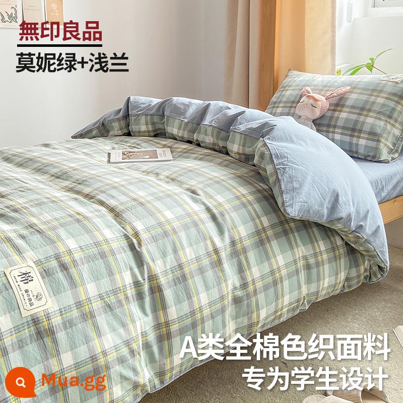 MUJI sinh viên đại học ký túc xá giường 3 bộ cotton nguyên chất ga giường đơn vỏ chăn ga gối 4 Bộ 6 - Xanh Moni + Xanh nhạt [Loại A 100% cotton đã giặt, thân thiện với da và có thể khỏa thân khi ngủ]