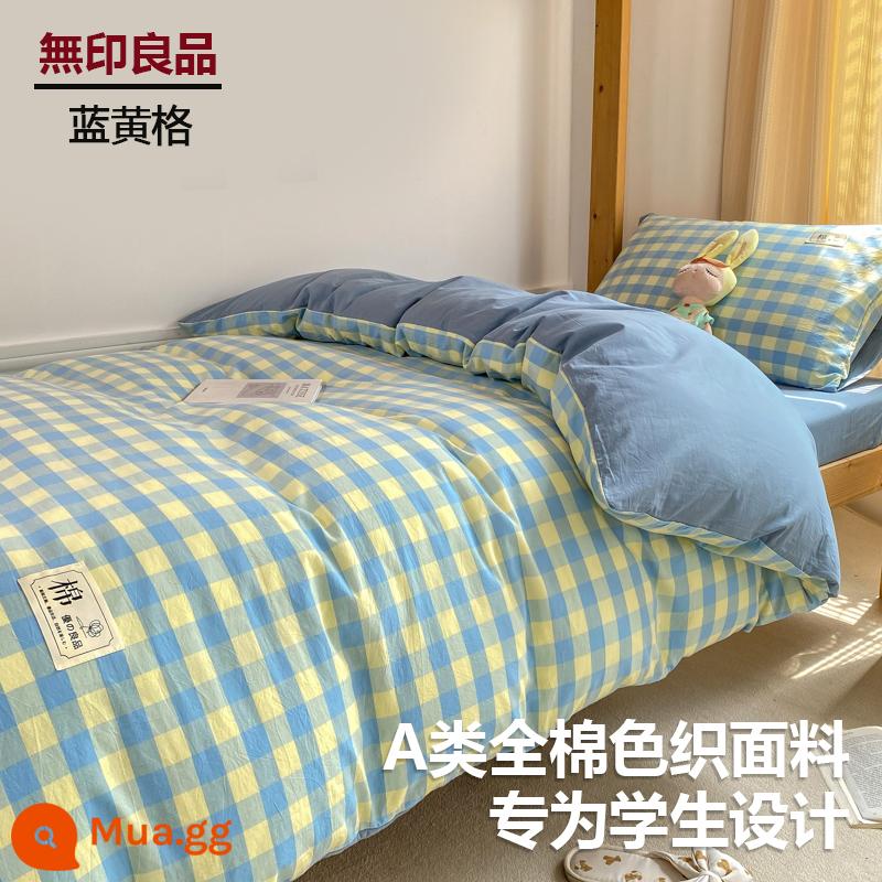 MUJI sinh viên đại học ký túc xá giường 3 bộ cotton nguyên chất ga giường đơn vỏ chăn ga gối 4 Bộ 6 - Lưới màu xanh và vàng [Loại A 100% cotton đã giặt, thân thiện với da và có thể ngủ khỏa thân]