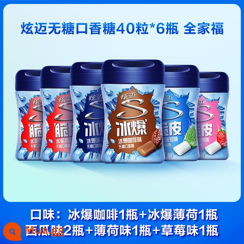 Kẹo cao su Xuanmai ice nổ giòn không đường 40 viên 4 chai cà phê dưa hấu bạc hà hơi thở thơm mát ăn vặt bình dân - [6 chai] Chân dung gia đình: giòn*4 (bạc hà+dâu+dưa hấu*2) + đá bào*2 (cà phê+bạc hà)