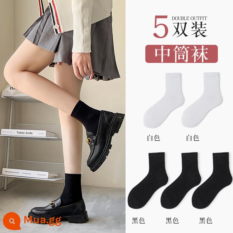 Vớ đen cho nữ giày da cỡ nhỏ mùa thu đông dài cotton không nguyên chất hợp thời trang xuân thu vớ ống giữa nữ vớ bong bóng giày lười - [Ống giữa cổ điển] 3 đen 2 trắng