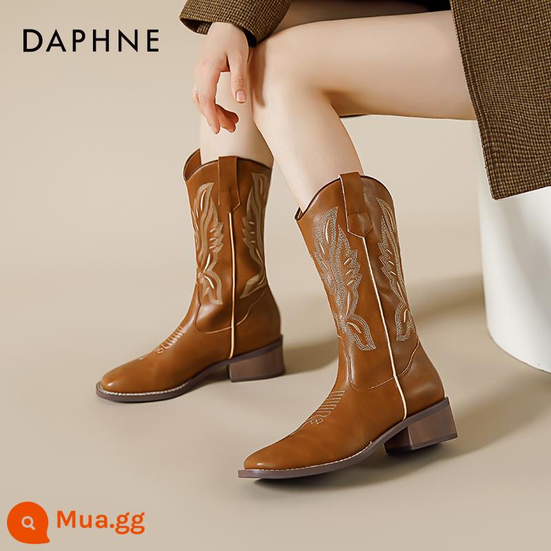 Daphne V-Miệng Giày Bốt Cổ Ngắn Cho Nữ Thu Đông 2023 Mờ Giày Da Bò Miền Tây Giữa Bắp Chân Giày Bốt Martin Retro Gót Dày giày Đơn - Màu nâu [thời trang và đa năng]