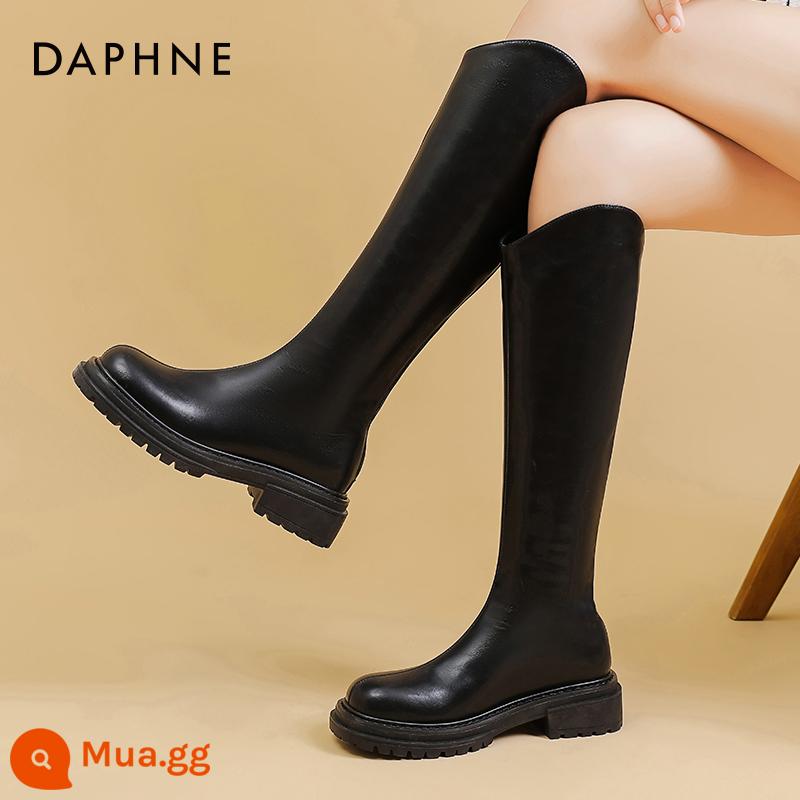 Giày bốt Daphne Knight dành cho nữ xuân thu 2023 bốt cao cổ màu đen mới với chân dày và bốt mỏng dành cho người nhỏ - Đen [tăng chiều cao và giảm béo]