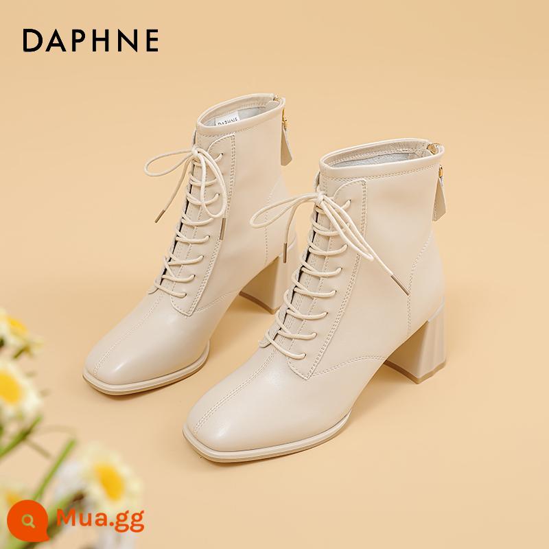 Da thật Daphne Giày bốt mỏng kiểu Pháp Giày bốt ngắn màu trắng dành cho nữ 2023 Giày cao gót mũi vuông mới dành cho nữ trong mùa thu đông - [Lớp lót đơn] Kiểu buộc dây 6,7CM màu trắng nhạt