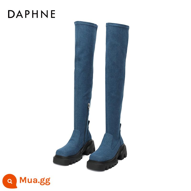 Giày bốt cao quá đầu gối hình khối DL Daphne dành cho nữ da thật 2023 Giày bốt dài đế dày mới dành cho nữ để tăng chiều cao và giày đi xe đạp giảm béo cho nữ - Màu xanh denim mát mẻ thế hệ thứ 2 [chân thon, nhỏ hơn 1 size]