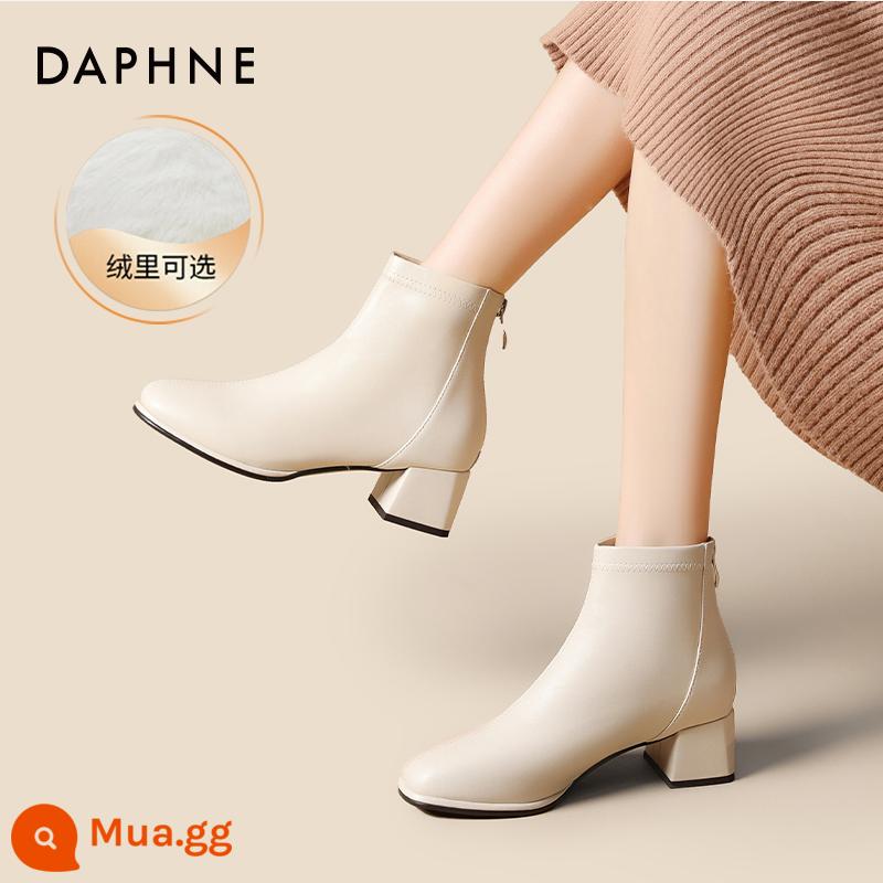 Giày bốt ngắn da thật Daphne dành cho nữ 2023 mới mùa thu đông Plus Nhung Giày bốt màu khỏa thân kiểu Pháp Giày cao gót đơn Giày bốt mỏng màu trắng dành cho nữ - Màu trắng nhạt nhẹ nhàng [da thật cộng với nhung] cao gót 4,5cm