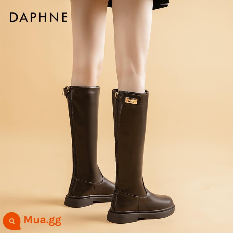 Giày bốt Daphne Knight dành cho nữ xuân thu 2023 bốt cao cổ màu đen mới với chân dày và bốt mỏng dành cho người nhỏ - Nâu [ống cao]