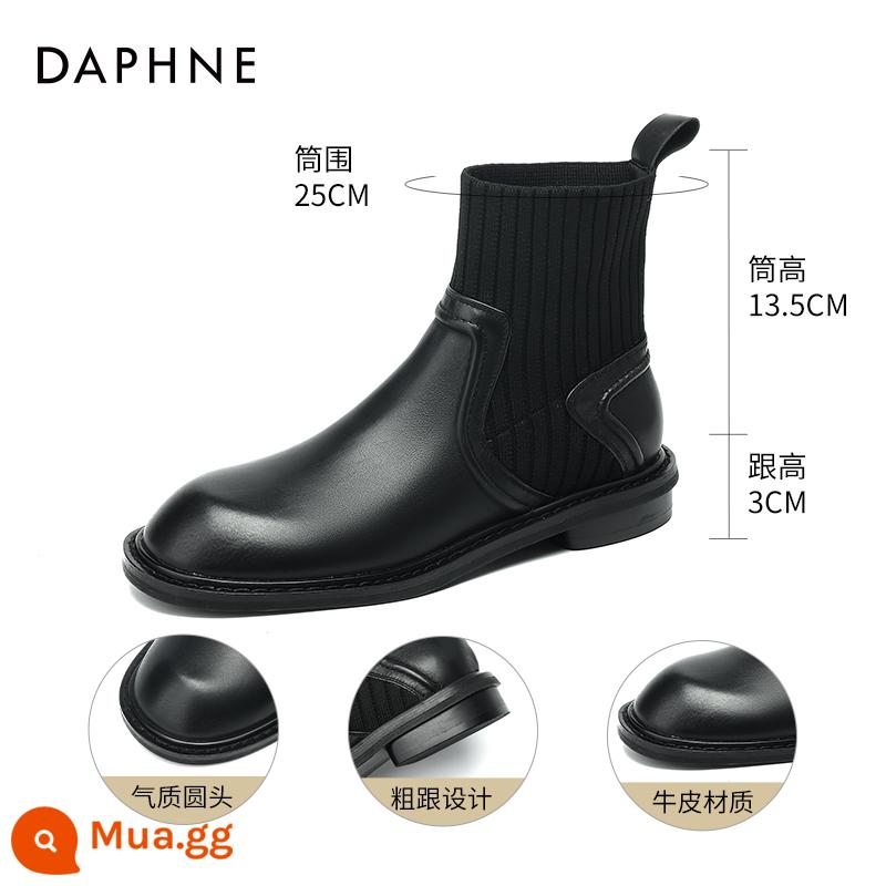 Giày bốt ngắn da thật Daphne dành cho nữ 2023 mới mùa thu đông Giày bốt phong cách Anh quốc đế bằng nhung thun bốt bốt Martin - Lớp lót đơn màu đen [cao gót 3.0CM] ✅Nền tảng và thoải mái, hãy chọn cái này