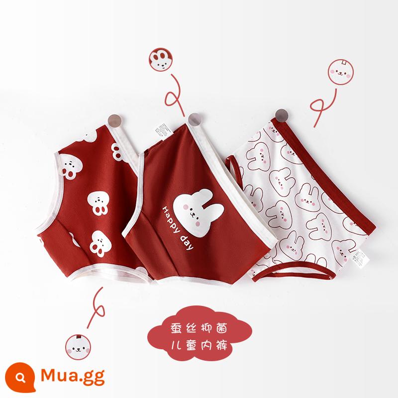 Quần lót bé gái cotton nguyên chất boxer Phong cách năm mới bé gái quần đùi tam giác bé trung và lớn trẻ em năm con thỏ quần đỏ - Full Blessings Triangle 3 Pack [Sản phẩm mới nâng cấp kháng khuẩn]