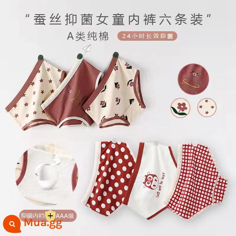 Quần lót bé gái cotton nguyên chất boxer Phong cách năm mới bé gái quần đùi tam giác bé trung và lớn trẻ em năm con thỏ quần đỏ - Gấu thể thao+Bò may mắn#Tam giác đáy quần kháng khuẩn 6 gói