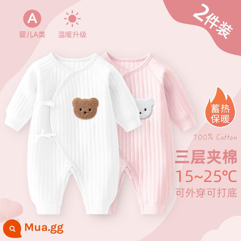 Bộ áo liền quần cho bé sơ sinh, bộ đồ ngủ cotton nguyên chất mùa xuân thu ấm áp cho bé, quần áo sơ sinh, áo choàng dày cho bé sơ sinh - Bột trắng hai gói