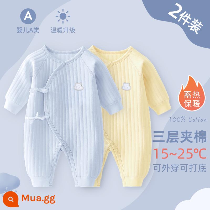 Bộ áo liền quần cho bé sơ sinh, bộ đồ ngủ cotton nguyên chất mùa xuân thu ấm áp cho bé, quần áo sơ sinh, áo choàng dày cho bé sơ sinh - Bộ 2 màu xanh + vàng