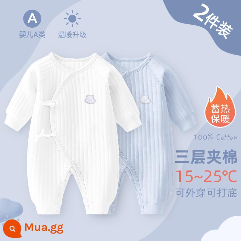 Bộ áo liền quần cho bé sơ sinh, bộ đồ ngủ cotton nguyên chất mùa xuân thu ấm áp cho bé, quần áo sơ sinh, áo choàng dày cho bé sơ sinh - Bộ 2 màu trắng + xanh