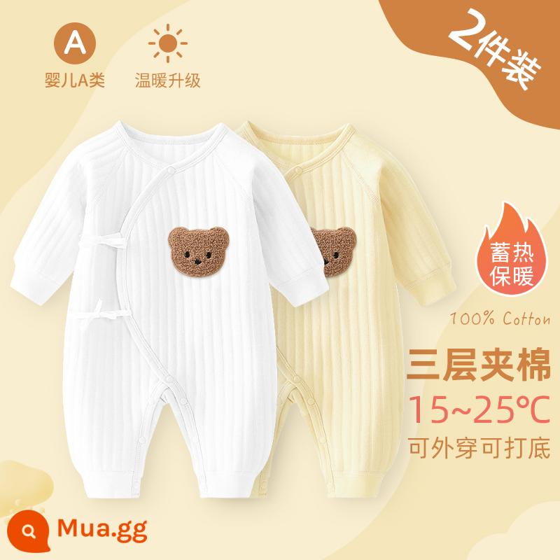 Bộ áo liền quần cho bé sơ sinh, bộ đồ ngủ cotton nguyên chất mùa xuân thu ấm áp cho bé, quần áo sơ sinh, áo choàng dày cho bé sơ sinh - Bộ 2 màu trắng và vàng