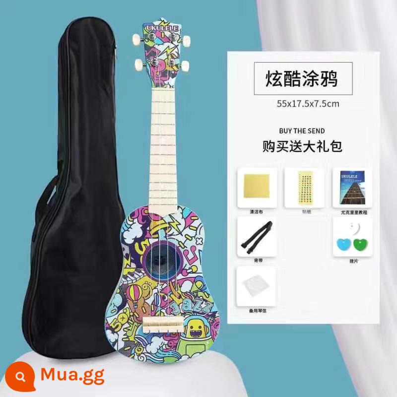 Đàn Ukulele đơn người mới bắt đầu học sinh nam và nữ người lớn trẻ em người mới tự học đàn guitar nhỏ 23 inch 21 inch - Màu graffiti + túi quà + túi đàn piano [video dạy miễn phí]