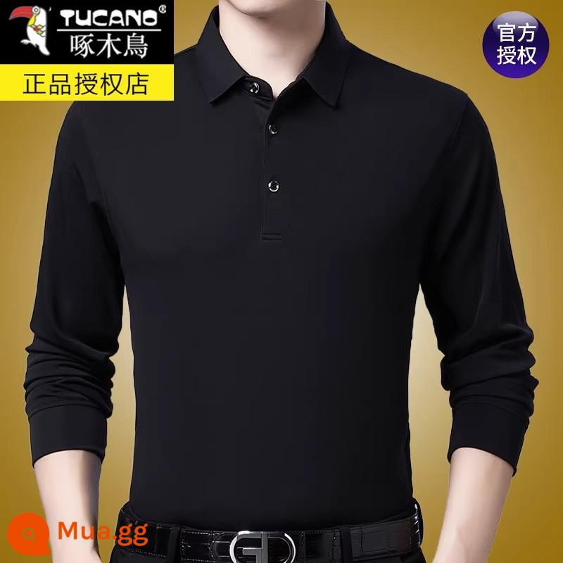 Áo thun dài tay cotton nguyên chất thương hiệu Woodpecker dành cho nam mùa xuân thu 2023 dành cho nam giới trung niên và người lớn tuổi mùa thu đông đáy áo sơ mi POLO Plus nhung - P18 màu đen