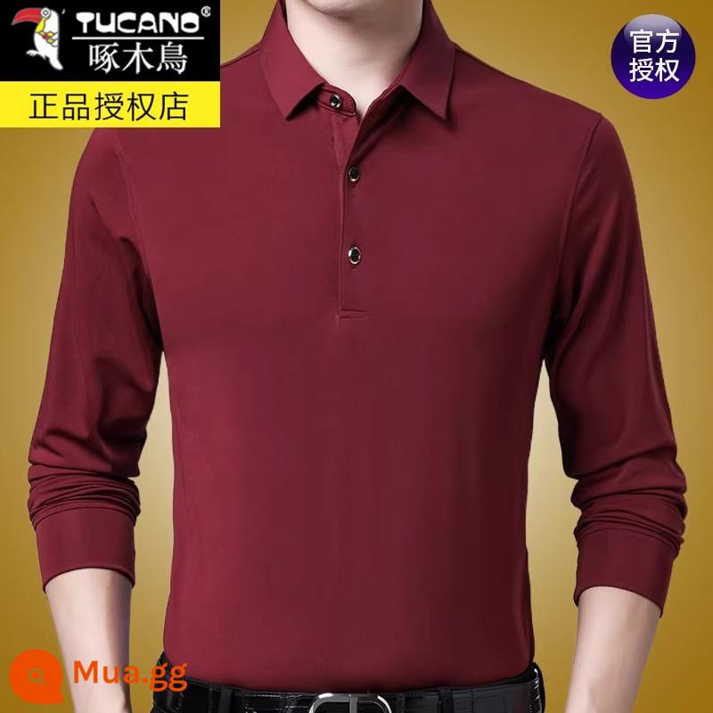 Áo thun dài tay cotton nguyên chất thương hiệu Woodpecker dành cho nam mùa xuân thu 2023 dành cho nam giới trung niên và người lớn tuổi mùa thu đông đáy áo sơ mi POLO Plus nhung - P18 đỏ