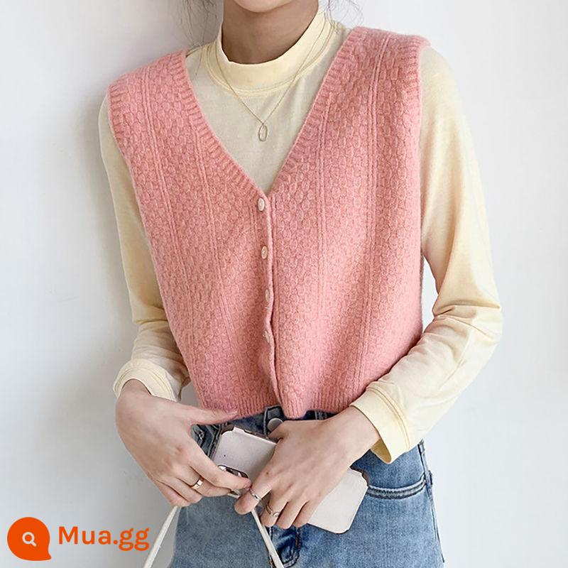 Áo vest dệt kim cổ chữ V phong cách Harajuku để mặc bên ngoài phù hợp với tất cả các bộ vest ngắn nhiều lớp áo len vest vai vest vest khăn choàng - Hồng